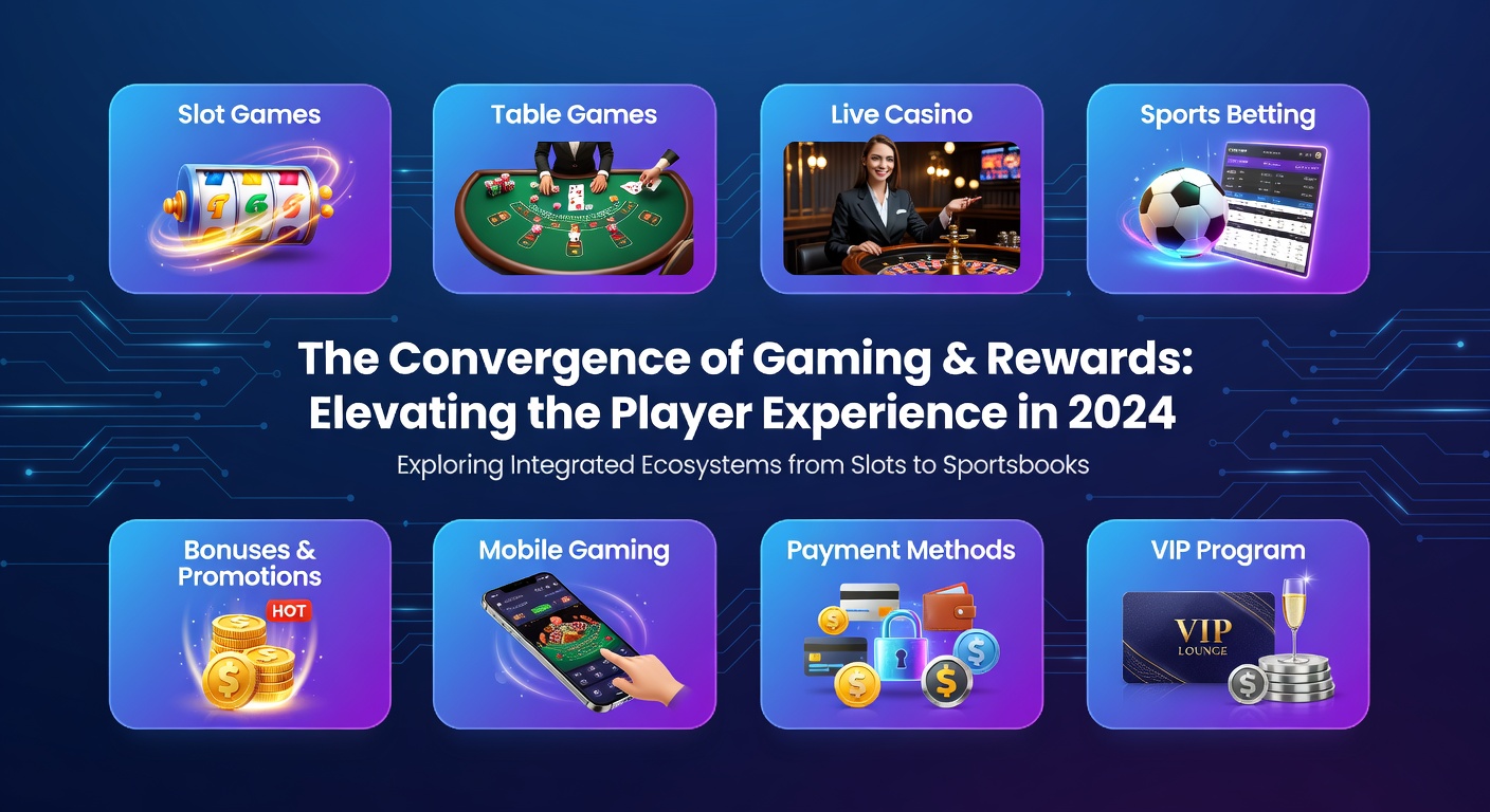 Vibrant digital casino interface showing interconnected slots, roulette wheels, live dealers, and sports betting odds on a mobile screen