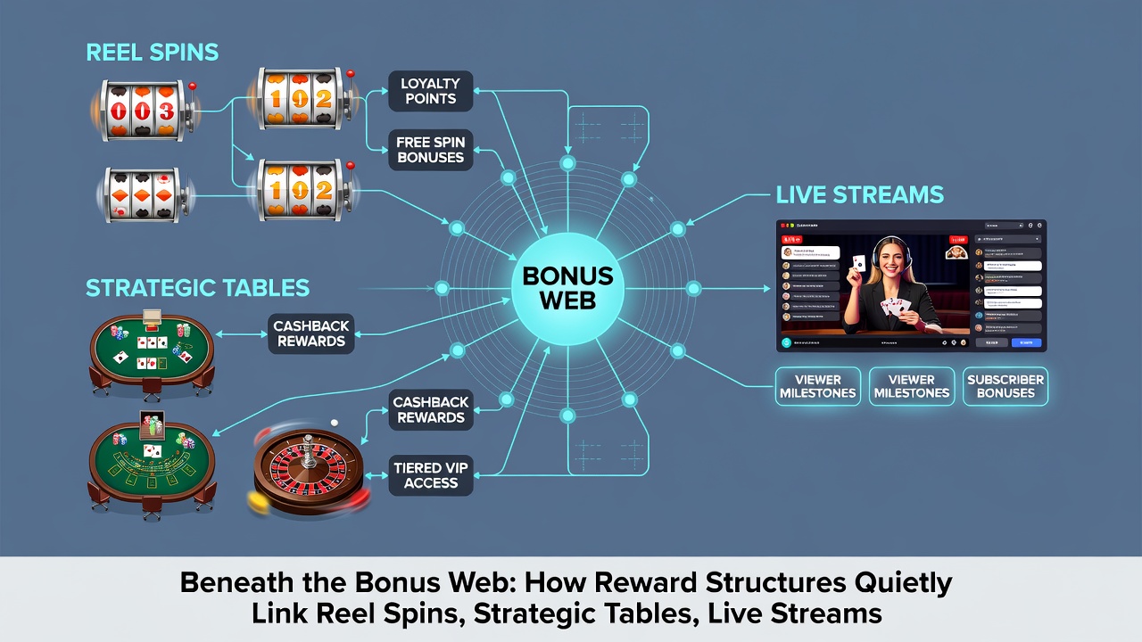 Mobile device screen displaying unified reward dashboard connecting slots, live tables, sports events, and VIP benefits