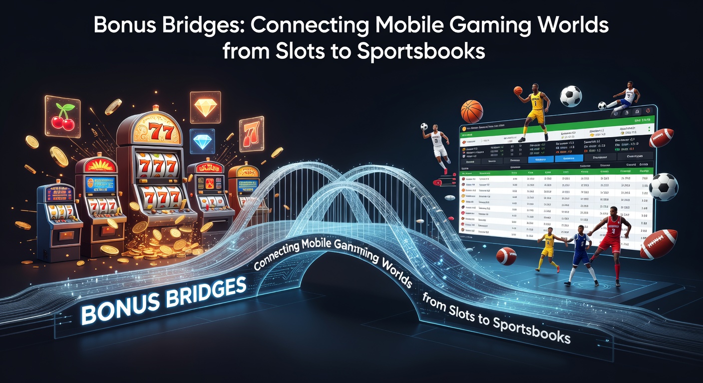 Mobile gaming interface showing interconnected bonus icons linking slots reels to sportsbook odds and live dealer tables
