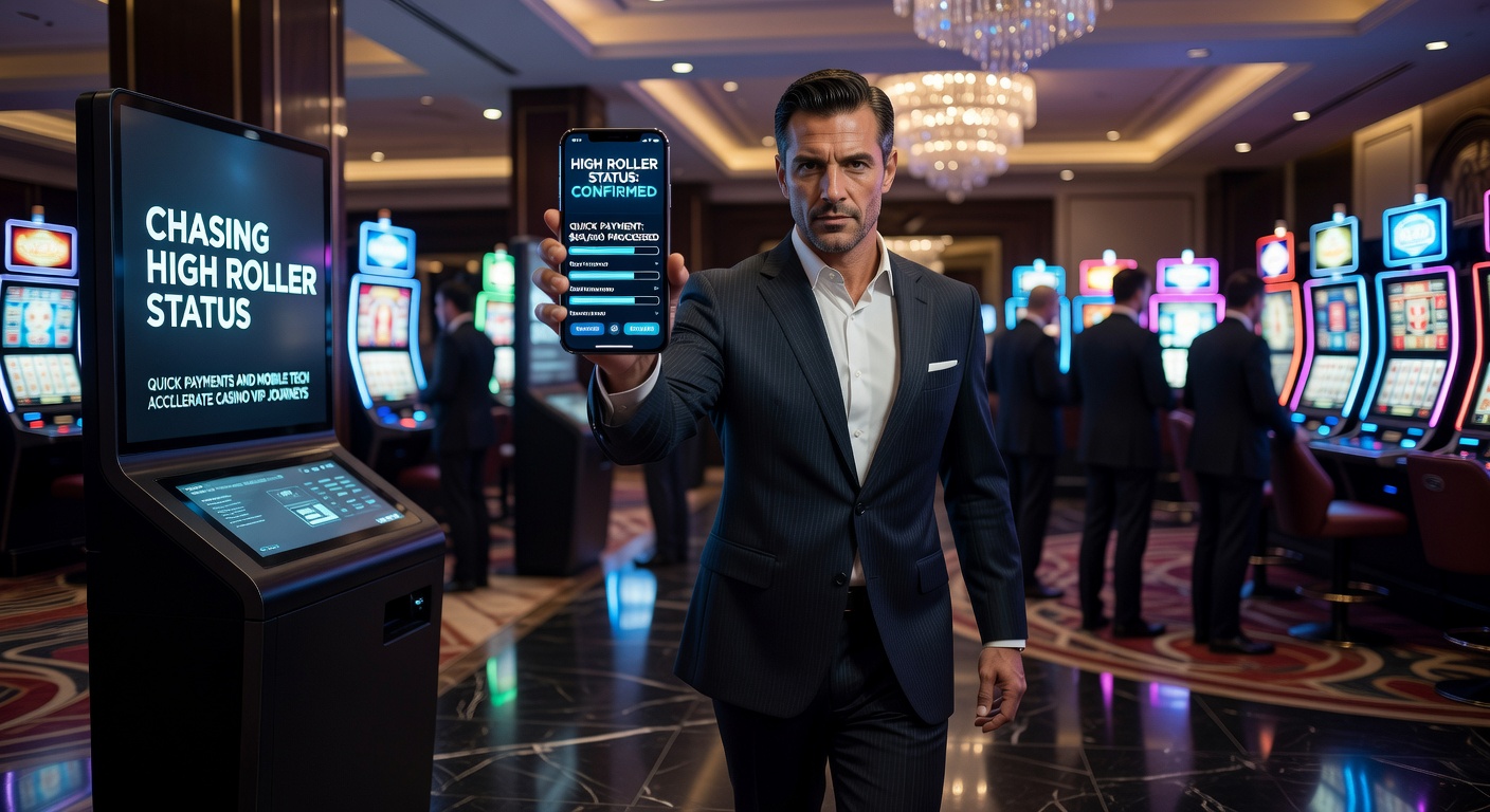 Smartphone displaying a casino app with quick deposit options and VIP tier progress bar glowing on screen