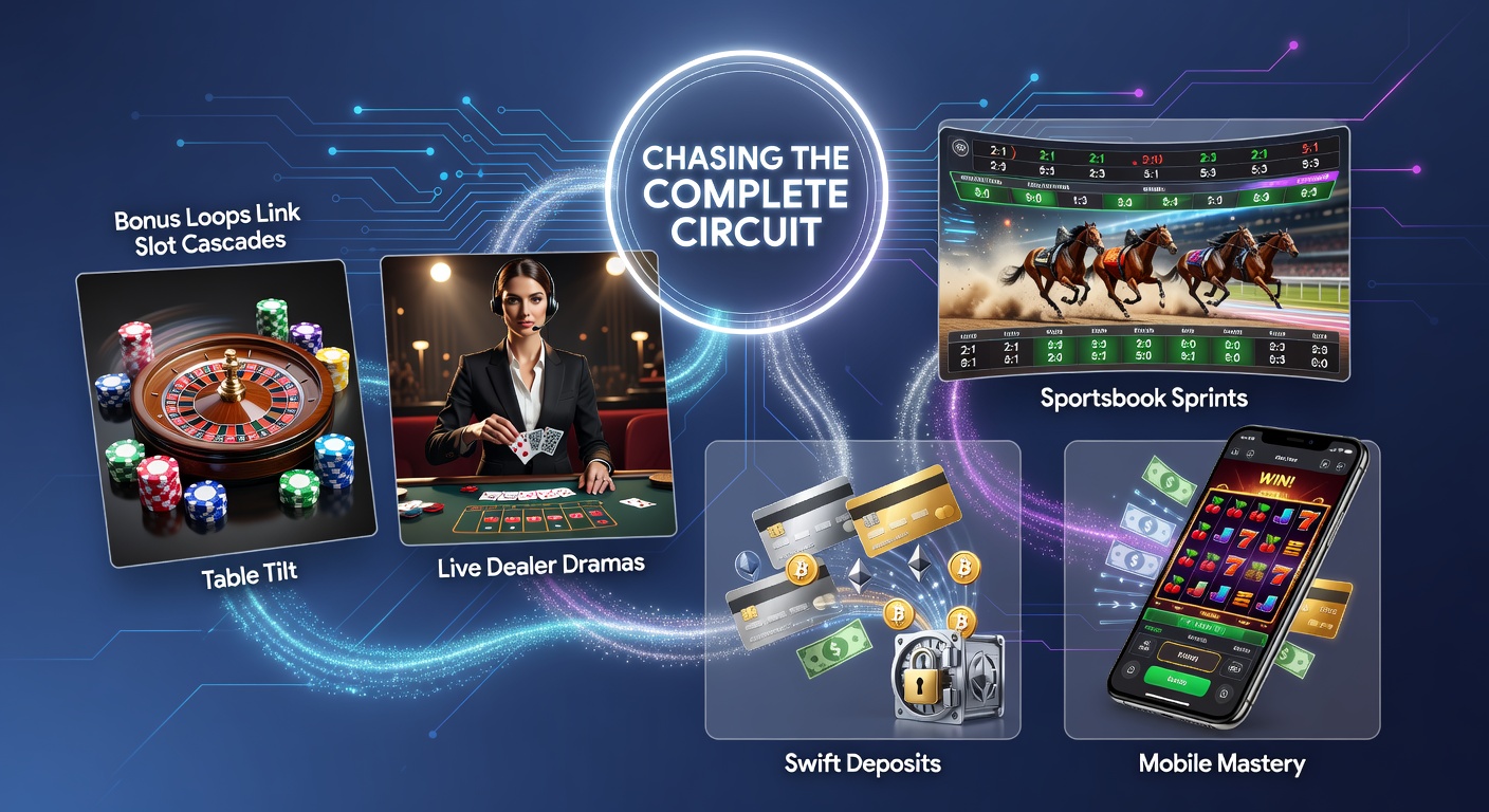 Dynamic casino floor with slots, tables, live dealers, and sportsbook screens connected by mobile payment flows