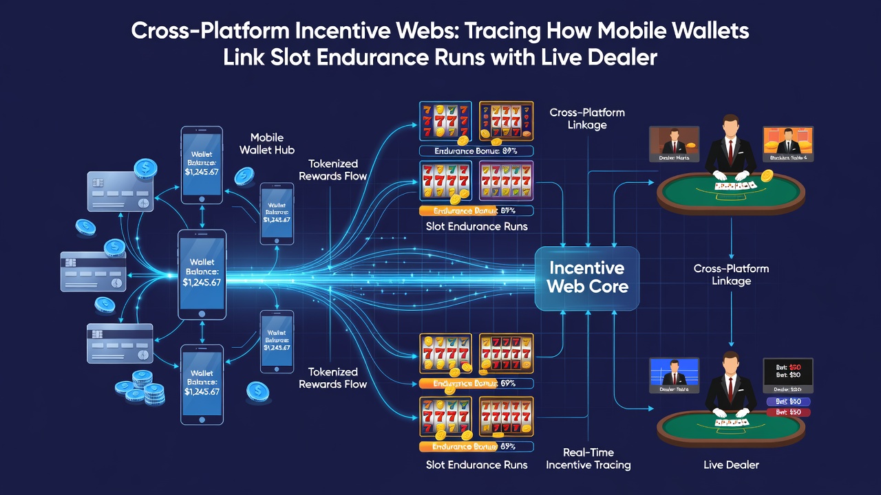 Infographic illustrating data flow from mobile wallets connecting slot sessions, live dealer interactions, and sportsbook bets into a unified VIP progression dashboard