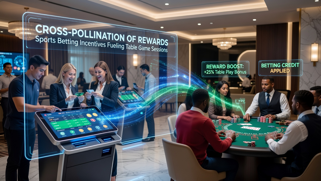 Table game sessions extending after sports betting wins through shared loyalty rewards