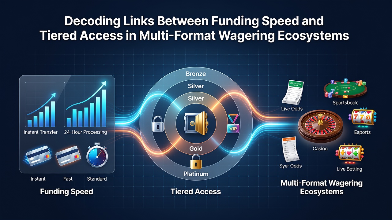 Illustration showing digital transaction flows connecting various wagering formats including slots, tables, and sportsbooks to tiered access structures