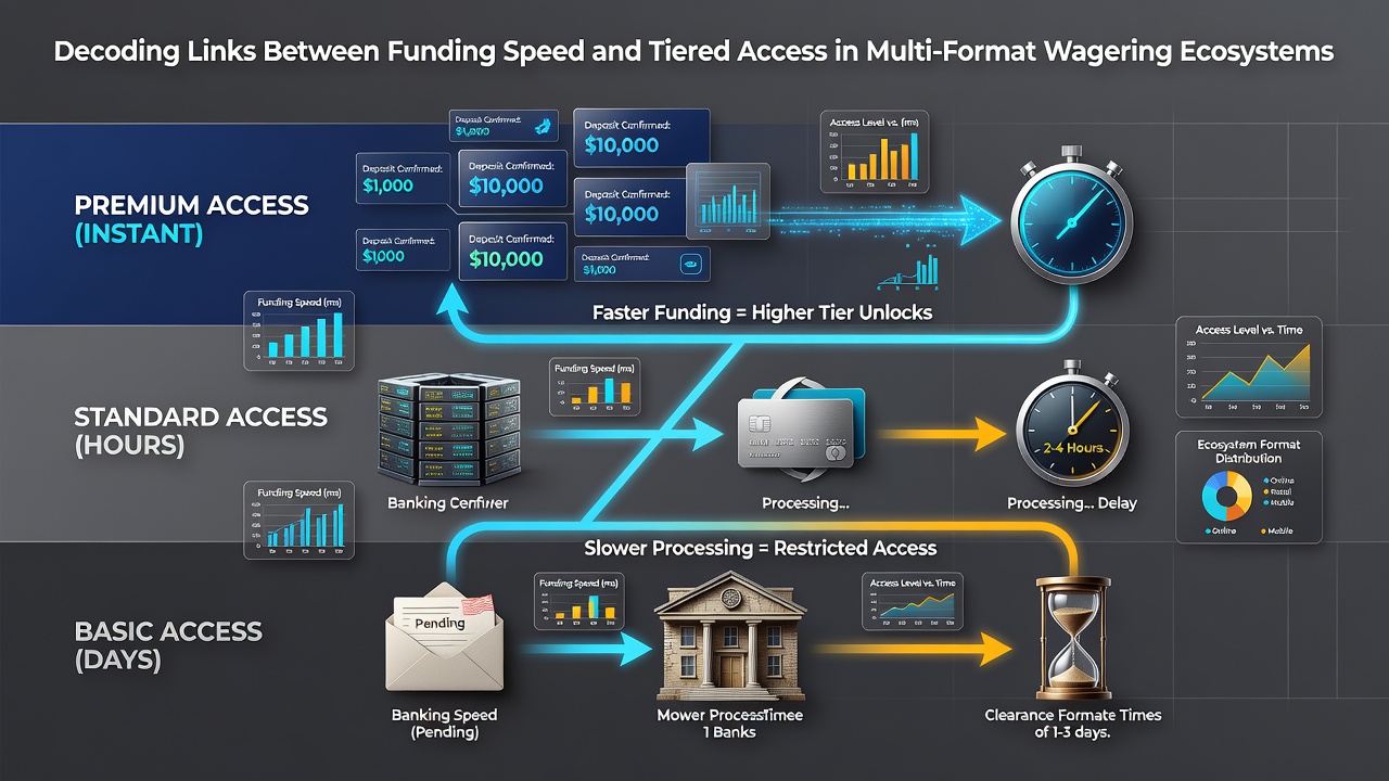 Diagram depicting tier progression pathways influenced by deposit timing across slots, live tables, and sports betting interfaces