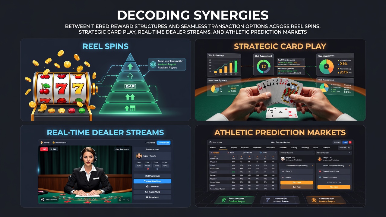 Illustration of tiered rewards and transaction options integrated across slot reels, card tables, live dealer streams, and sports prediction interfaces