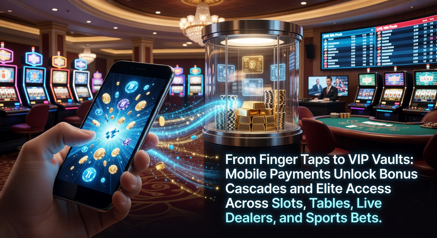 Smartphone screen displaying a mobile payment app integrated with an online casino interface, showing quick deposit options and cascading slot bonuses activating in real-time