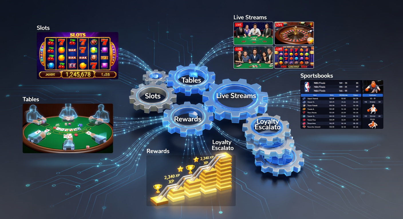 Dynamic screenshot of a mobile casino loyalty escalator screen, displaying synced rewards from slots, live tables, and sportsbooks with escalating tiers and bonus icons