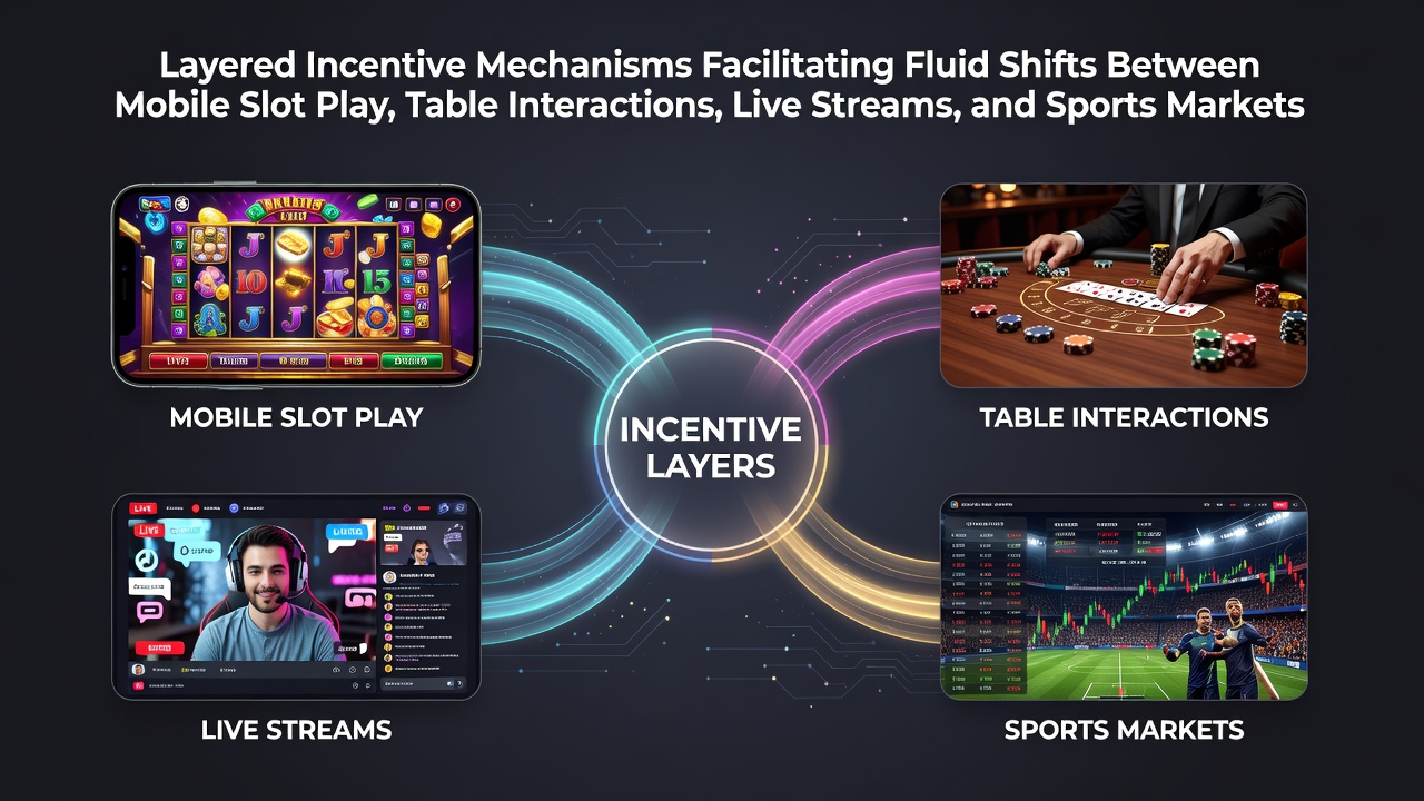 Diagram showing interconnected gaming platforms with layered reward pathways across slots, tables, live streams, and sports markets