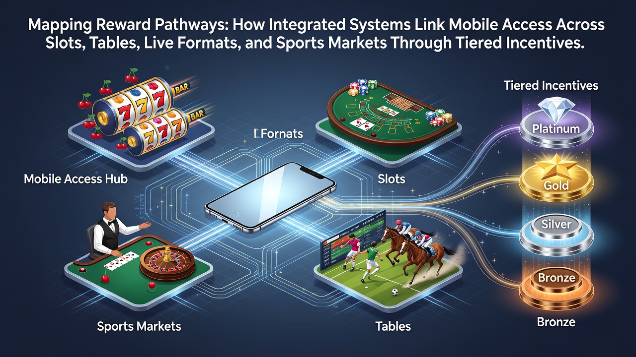 Integrated mobile reward pathways diagram showing connections across slots, tables, live formats, and sports markets