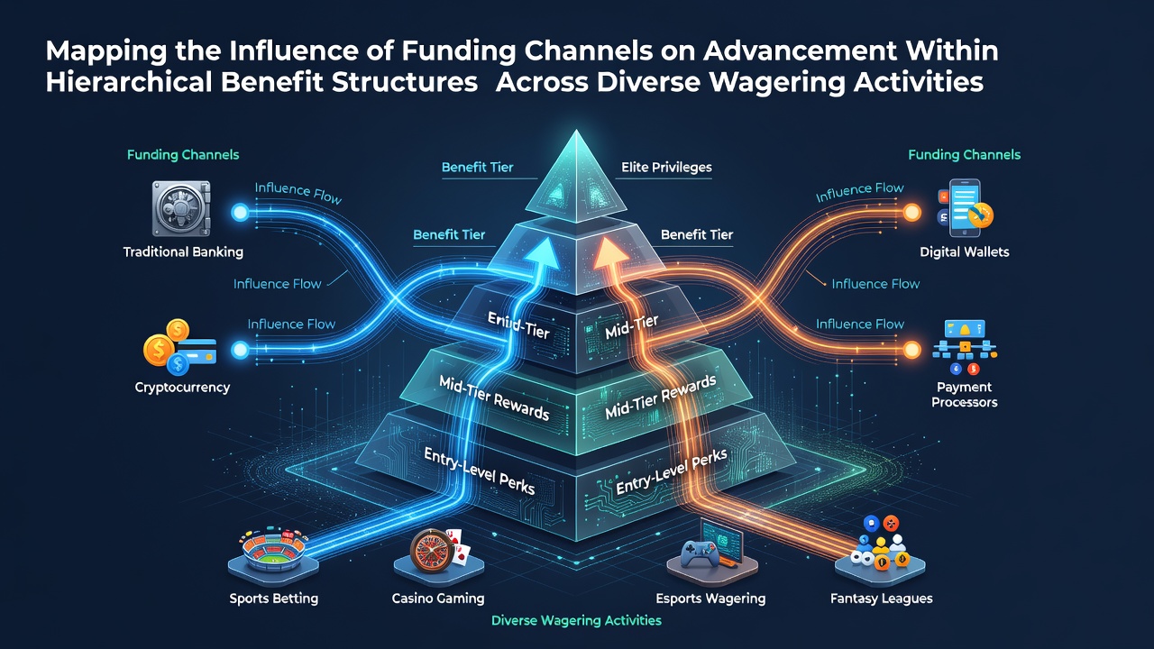 Diagram illustrating various funding channels and their connections to player advancement in wagering loyalty programs