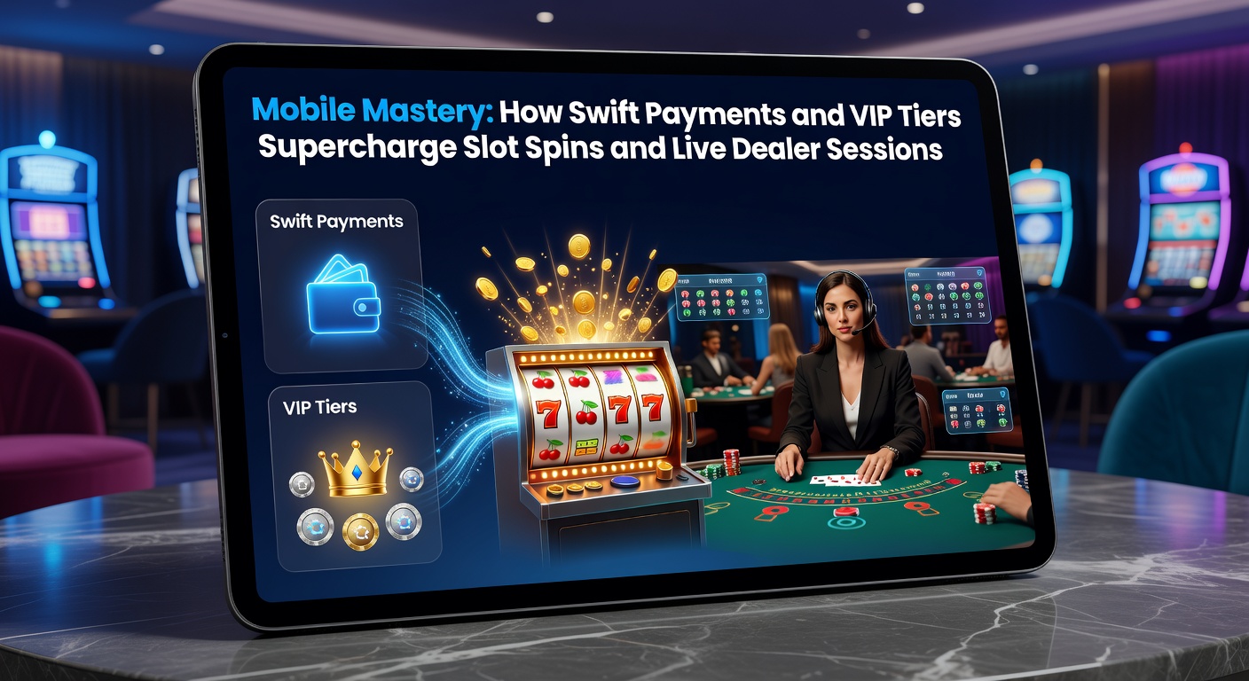 Player spinning slots on a mobile device with swift payment notifications overlay, highlighting fast transactions and VIP badges