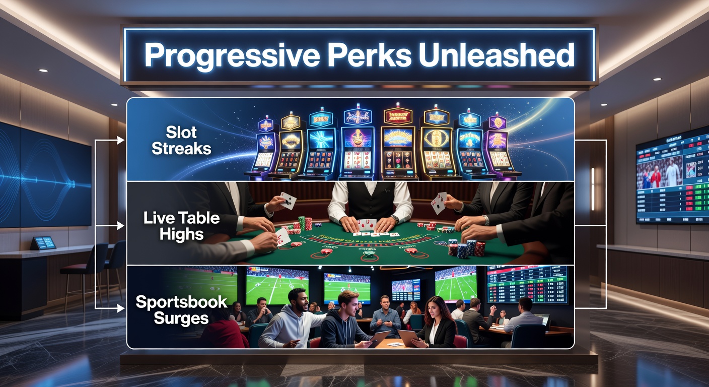 Vibrant casino floor with slot machines lighting up in a streak of wins, players celebrating progressive jackpots alongside live table action and sportsbook screens showing live odds