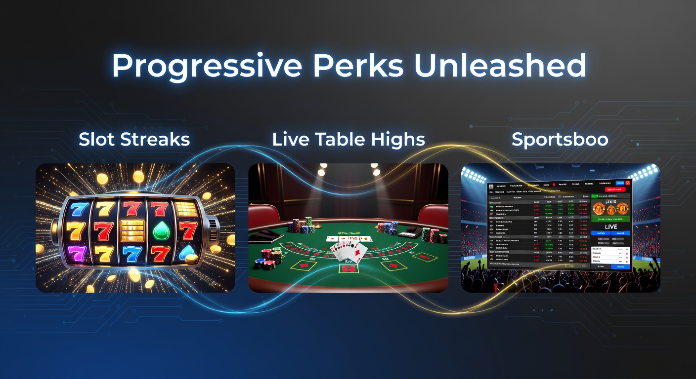 Live dealer table with high-stakes blackjack in progress, chips stacking high as promotions overlay digital screens showing layered bonus progress