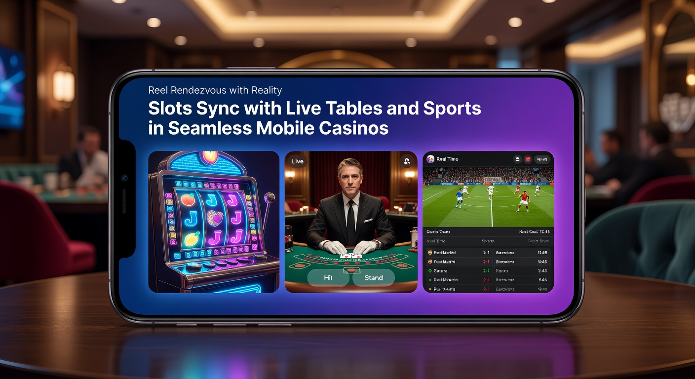 Vibrant mobile casino screen showing slots, live blackjack table, and sports betting odds side by side in a unified interface