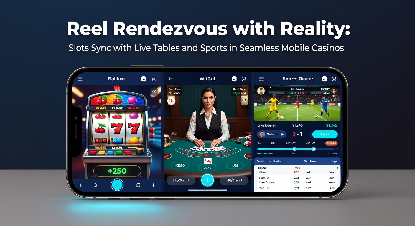 Close-up of a smartphone displaying a mobile casino app with split-screen views of spinning slot reels, a live dealer at a craps table, and real-time soccer betting odds