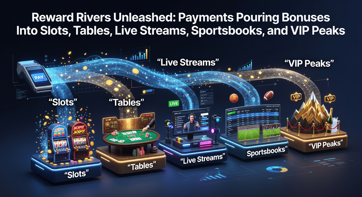 Vibrant digital illustration of cascading gold coins and bonus symbols pouring from payment gateways into slot reels, roulette wheels, live dealer tables, sportsbook odds boards, and VIP lounges