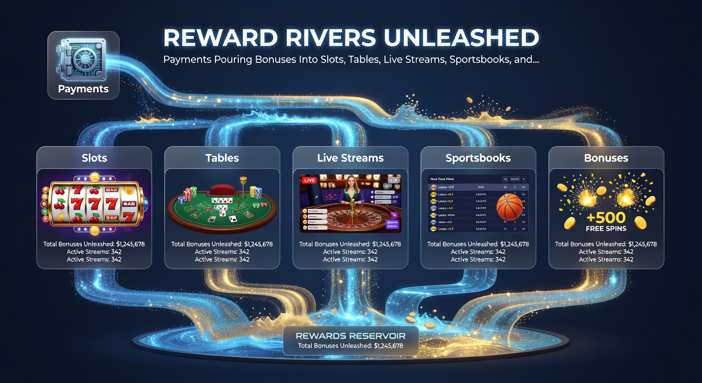 Dynamic graphic showing payment icons transforming into streams of bonus chips flowing across blackjack tables, roulette spins, live dealer broadcasts, sports betting slips, and VIP invitation cards