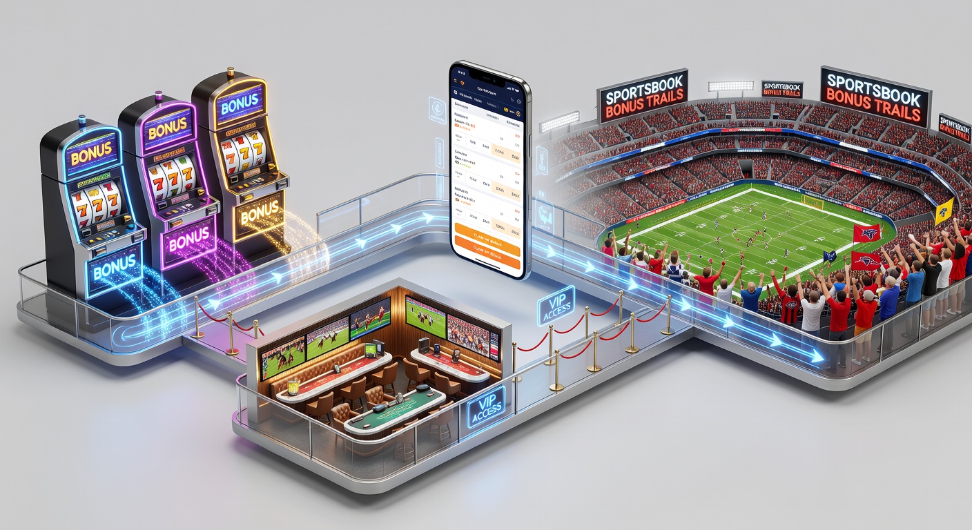 Elite VIP lounge scene merging with mobile phone displaying sportsbook odds and slot bonuses, symbolizing high-tier reward progression