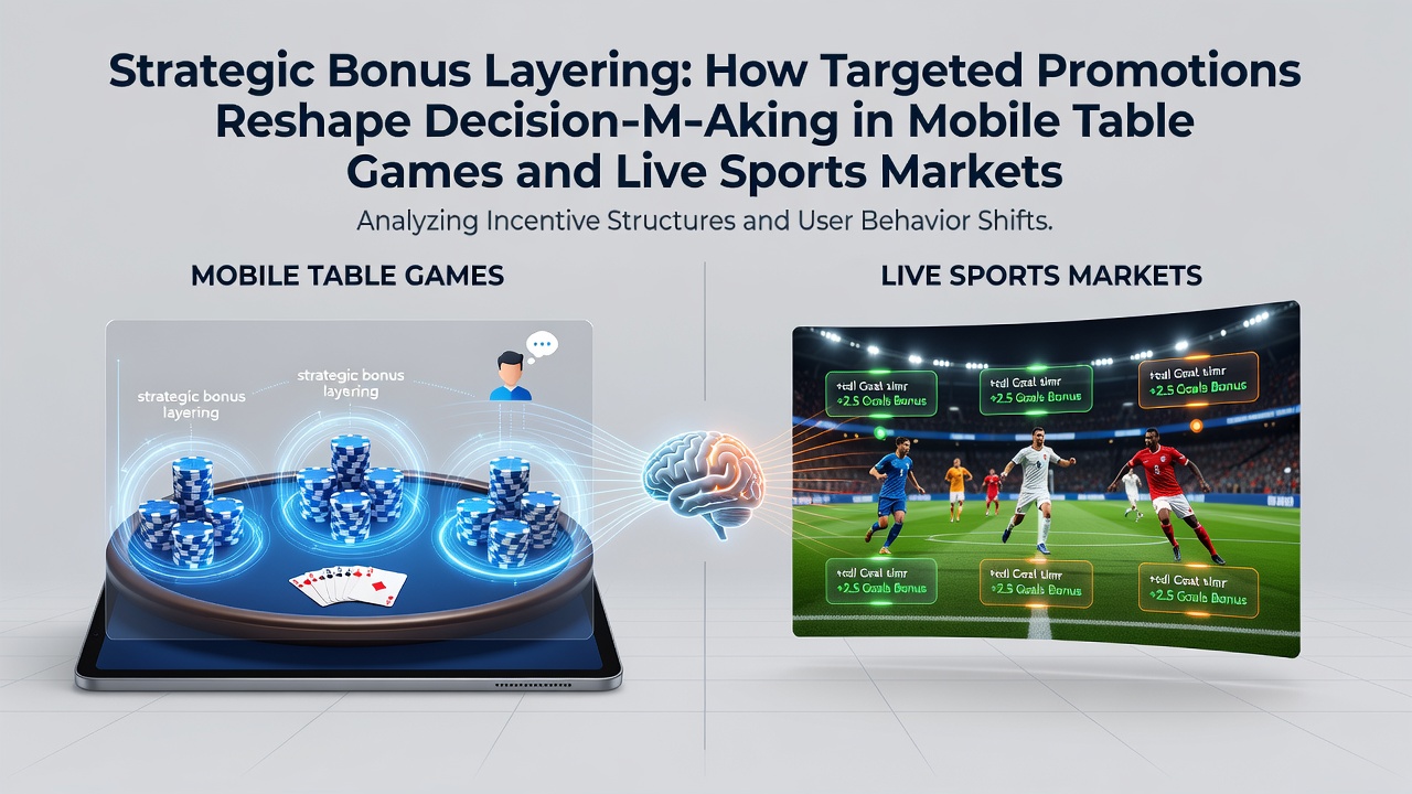 Mobile device displaying layered bonus offers for table games and sports betting interfaces