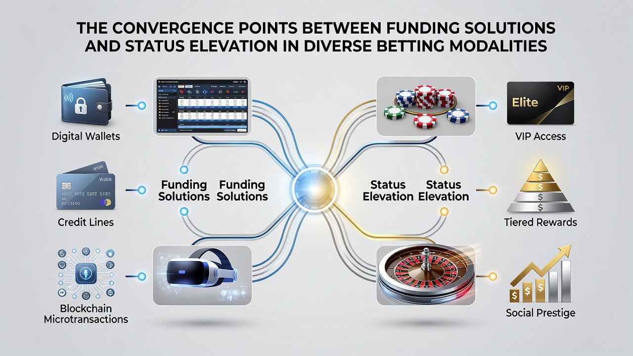 Diagram depicting funding solutions converging with status elevation across slots, tables, and sportsbooks