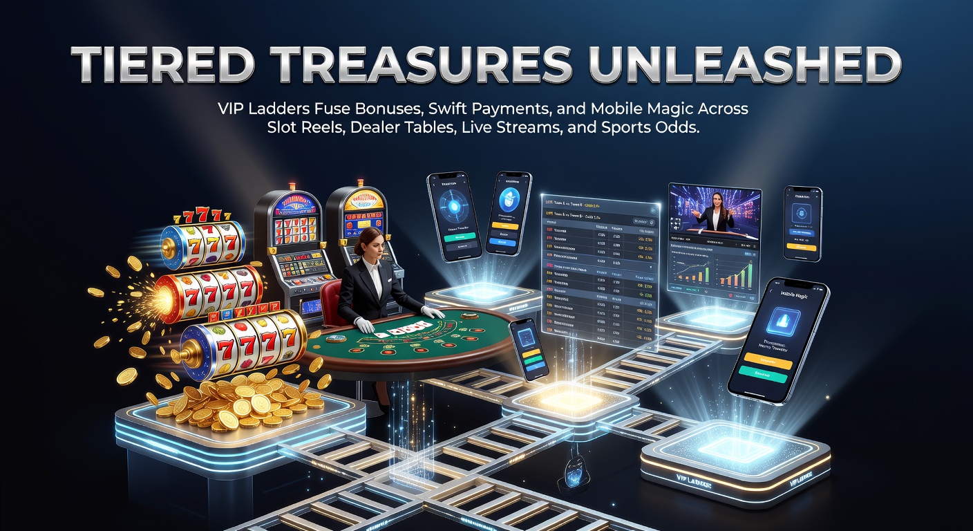 Dynamic graphic showing a glowing VIP ladder ascending through casino games like slots, roulette tables, live dealer streams, and sports betting odds, with bonus icons, speedy payment symbols, and mobile phones integrated along the rungs