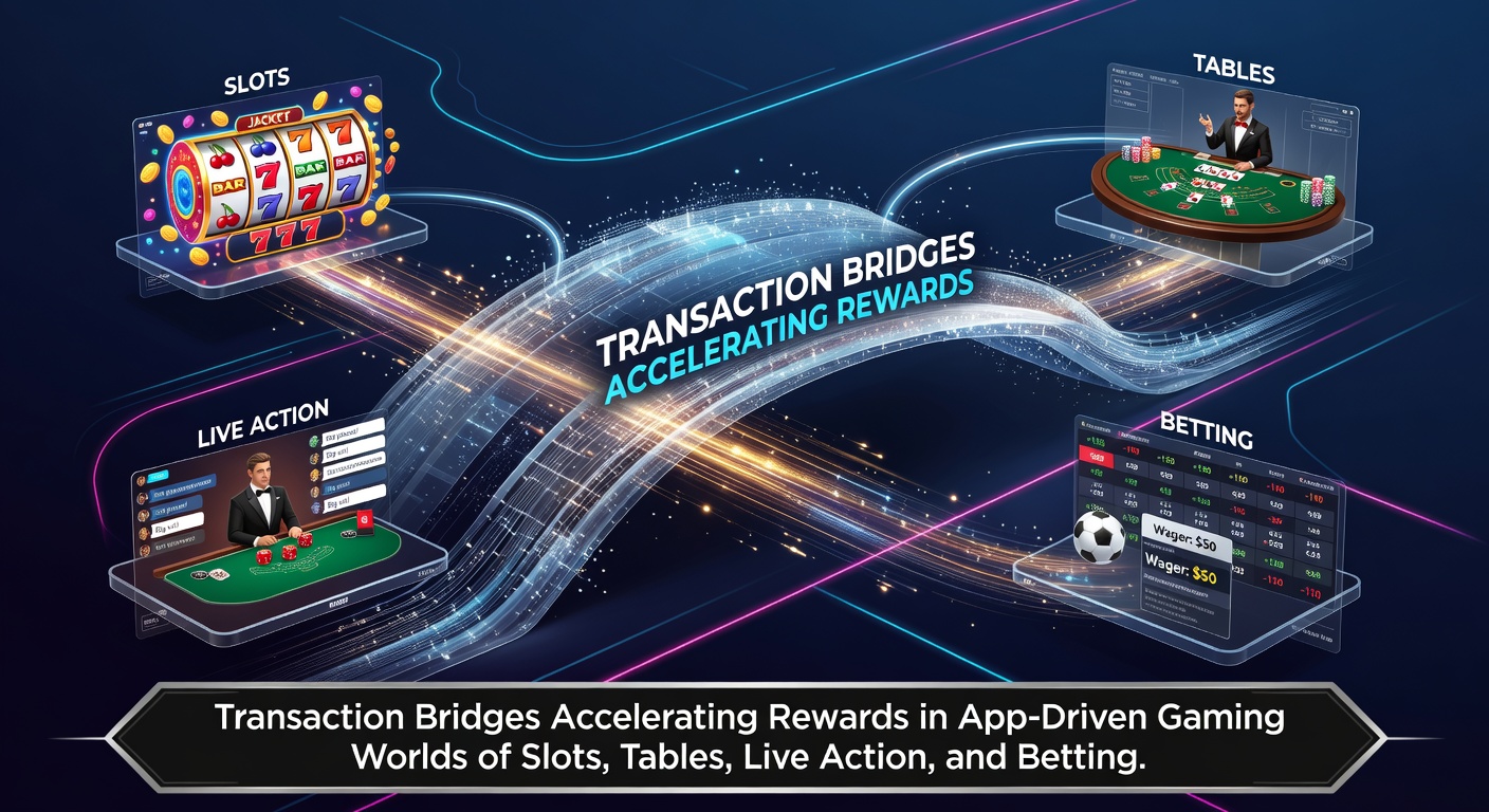 Illustration of transaction bridges connecting mobile gaming apps for slots, tables, live action, and betting